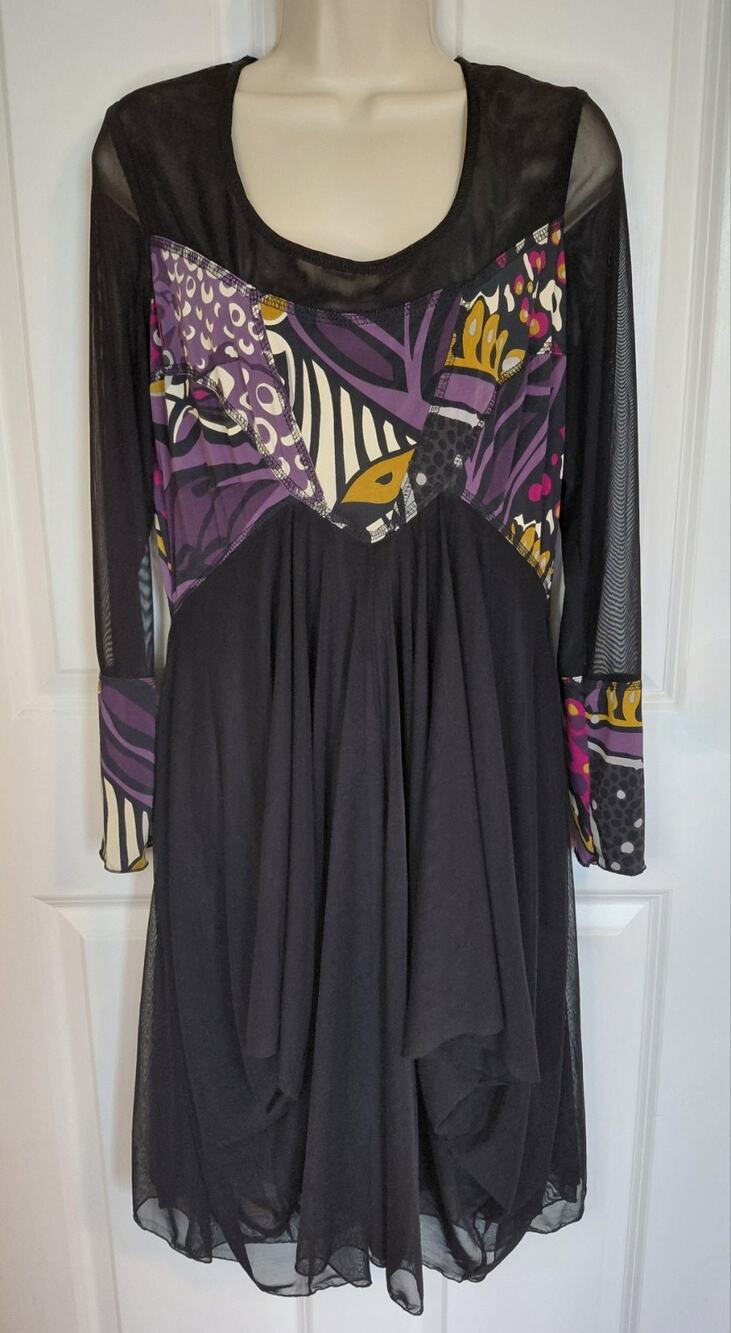 Frank Lyman Design Mixed Print Mesh Accent Dress Asymmetrical Size 14 Y2K Boho